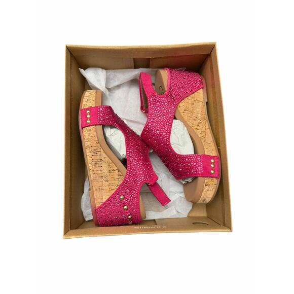 Makers Barbara Pink Crystal Wedge Sandals Size 7 | Rhinestone Cork Heels NWT Box - Picture 2 of 16